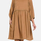Zenana - Washed Linen Pleated Puff Sleeve Babydoll Dress