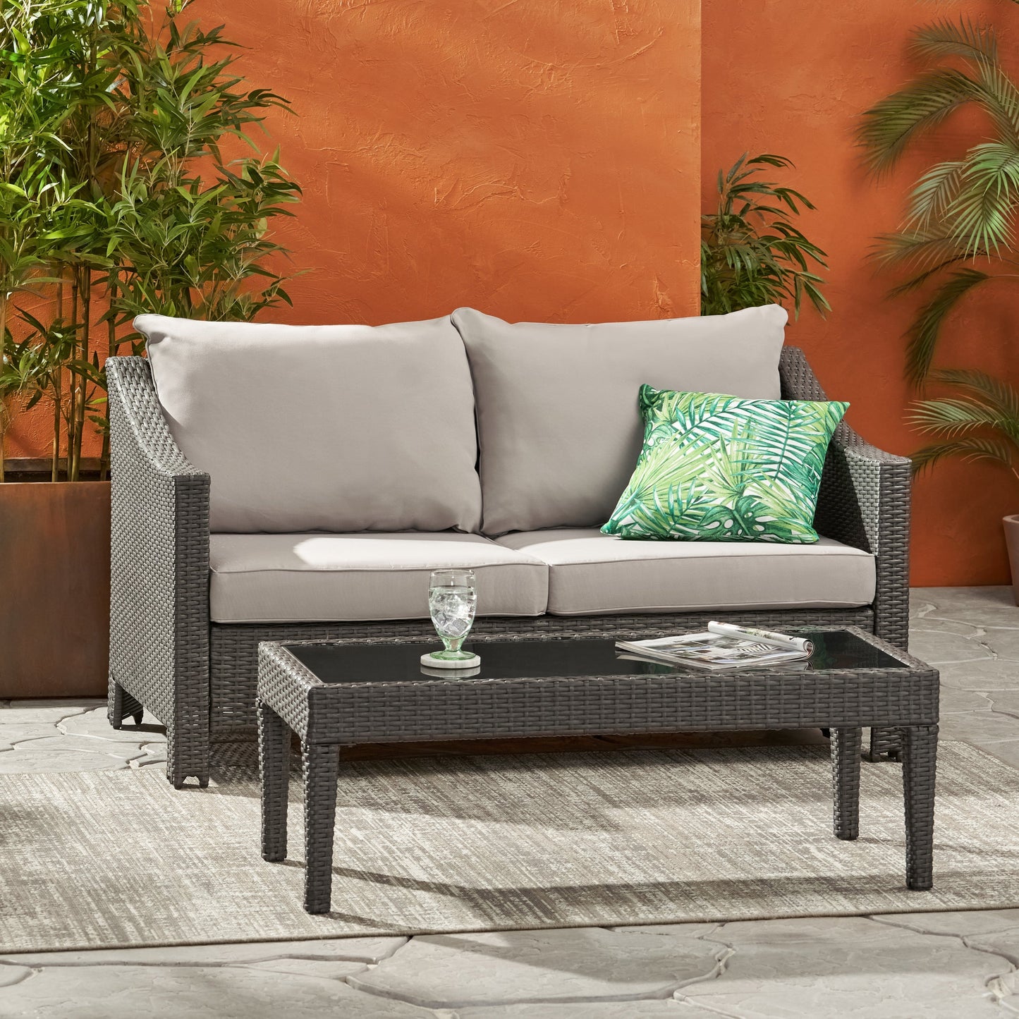 Contemporary ANTIBES Loveseat & Table Set Outdoor Grey PE Rattan Iron Waterproof Fabric