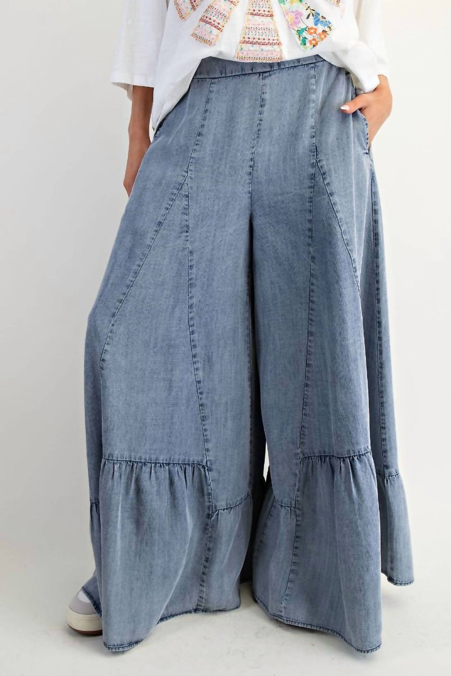 Easel - Ruffle Bottom Hem Washed Wide Leg Palazzo Pants