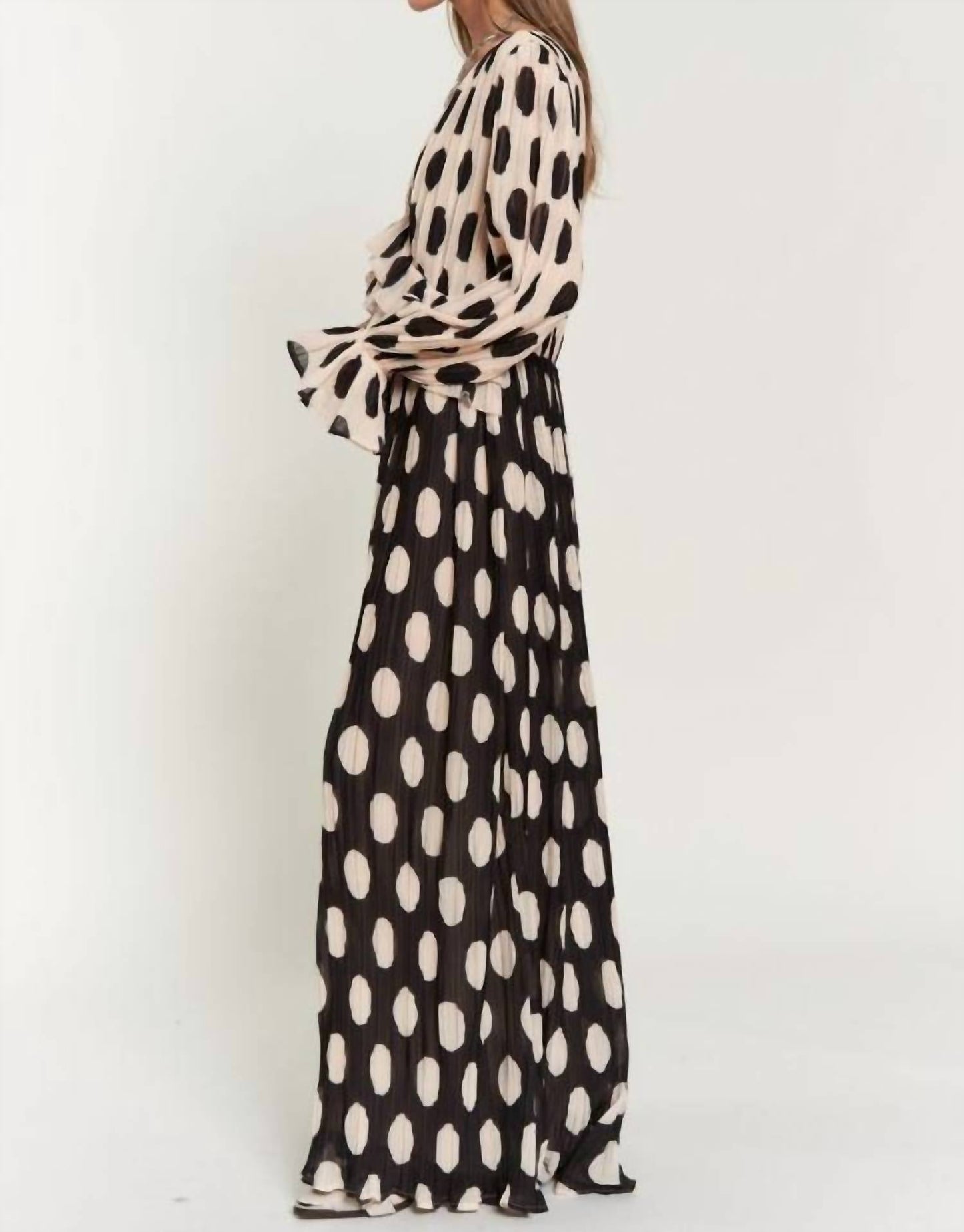 Davi & Dani - Polka Dot Ruffled Long Sleeve Pleated Maxi Dress