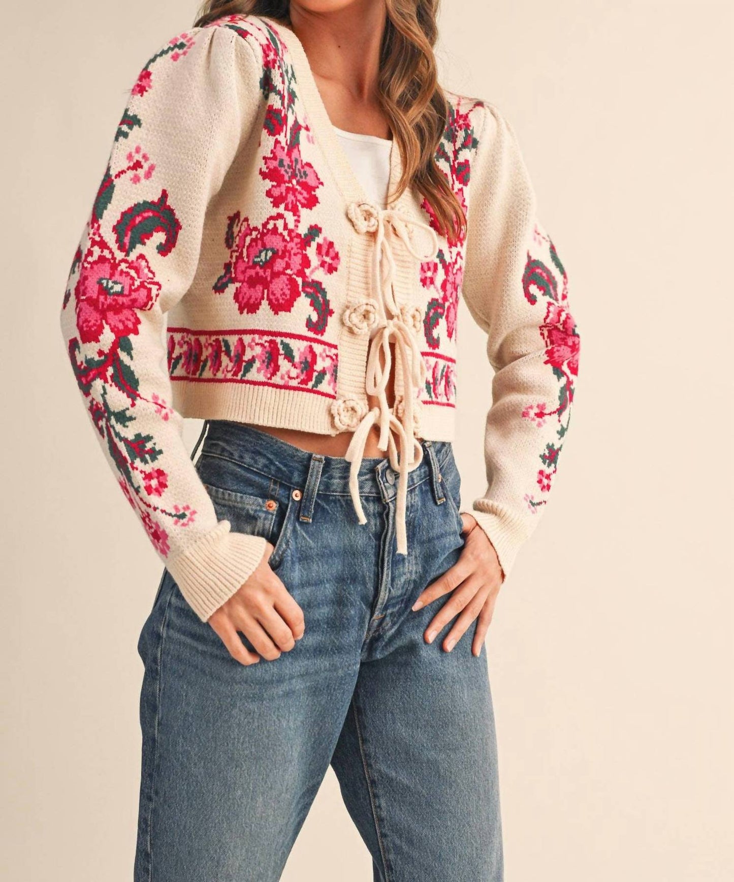 &Merci - Floral Knit Tie-front Cropped Sweater Cardigan