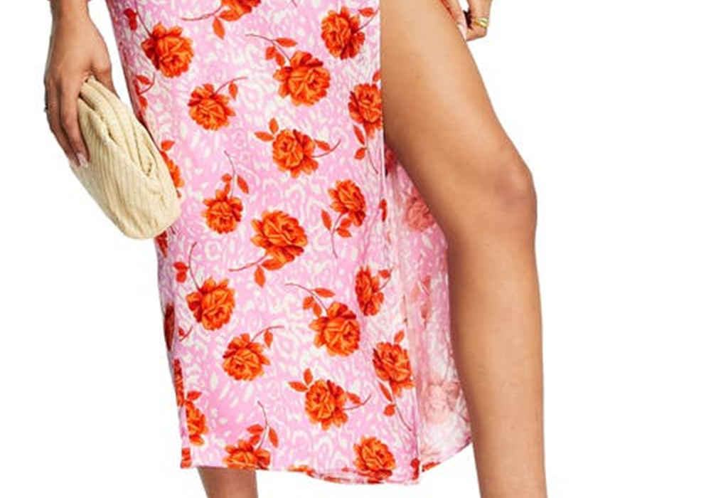 Saia midi de cetim floral rosa Topshop tamanho 6 EUA