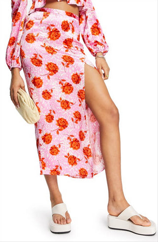 Saia midi de cetim floral rosa Topshop tamanho 10 EUA