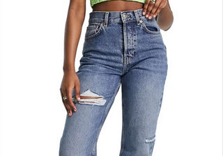 Calça jeans rasgada Topshop Brixton, azul médio, tamanho 30x28