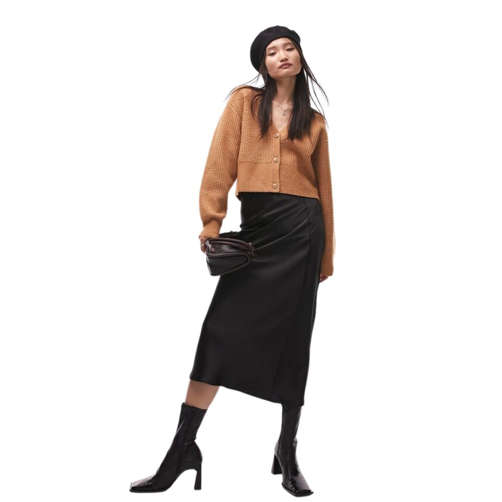 Cardigan curto de malha waffle camelo Topshop feminino