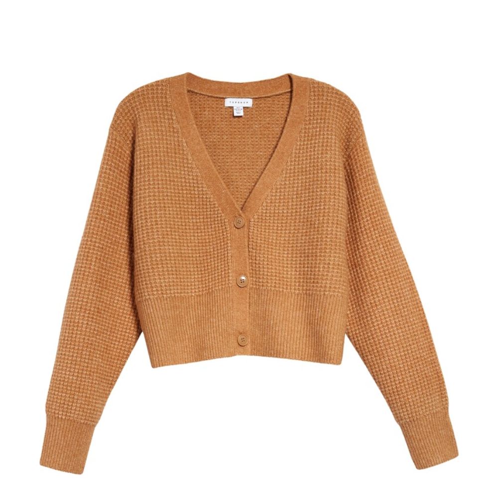Cardigan curto de malha waffle camelo Topshop feminino