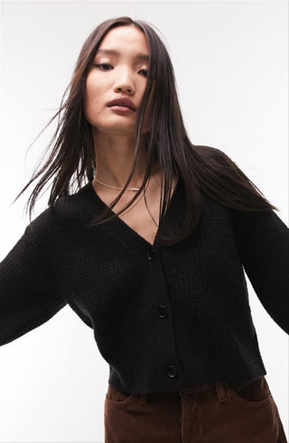 Cardigan curto de malha waffle Topshop, preto, tamanho extrapequeno