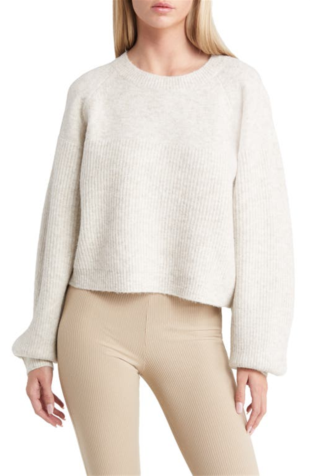 Topshop Suéter Cropped Manga Balão com Ponto Misto Cinza