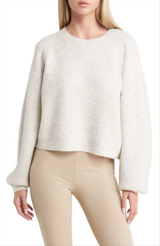 Topshop Suéter Cropped Manga Balão com Ponto Misto Cinza