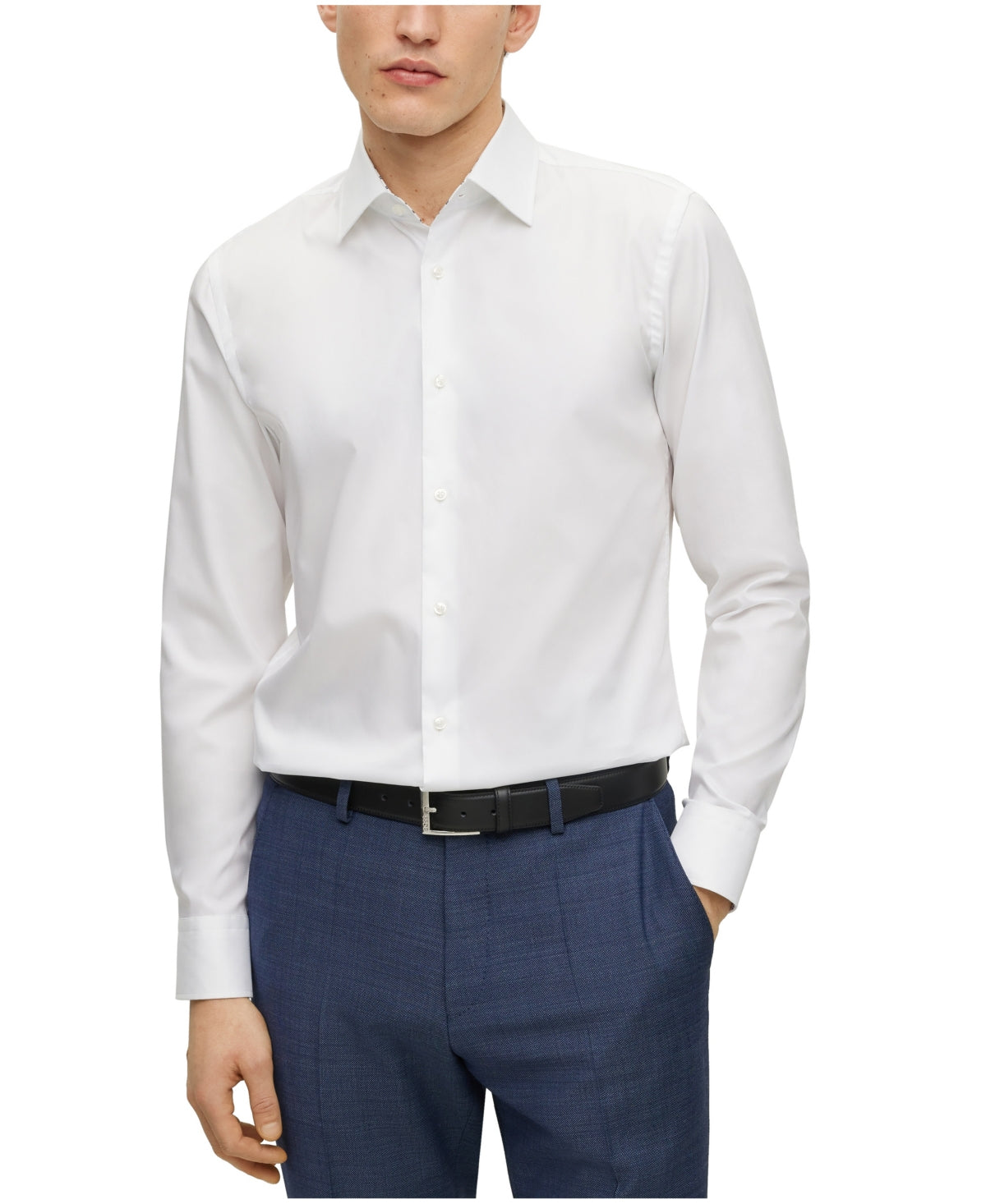 Camisa de popeline de algodão Boss masculina slim fit fácil de passar, branca, tamanho 14,5 x 32-33