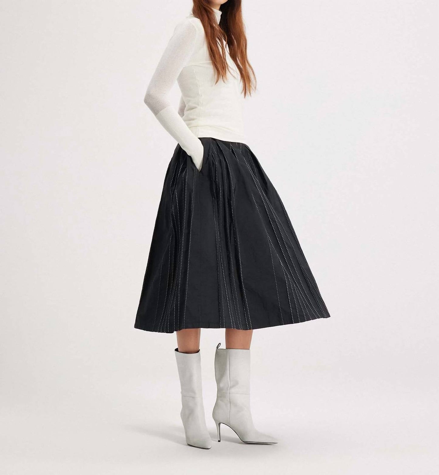 Theo The Label - Women's Theia Striped Taffeta Pleated Midi Skirt