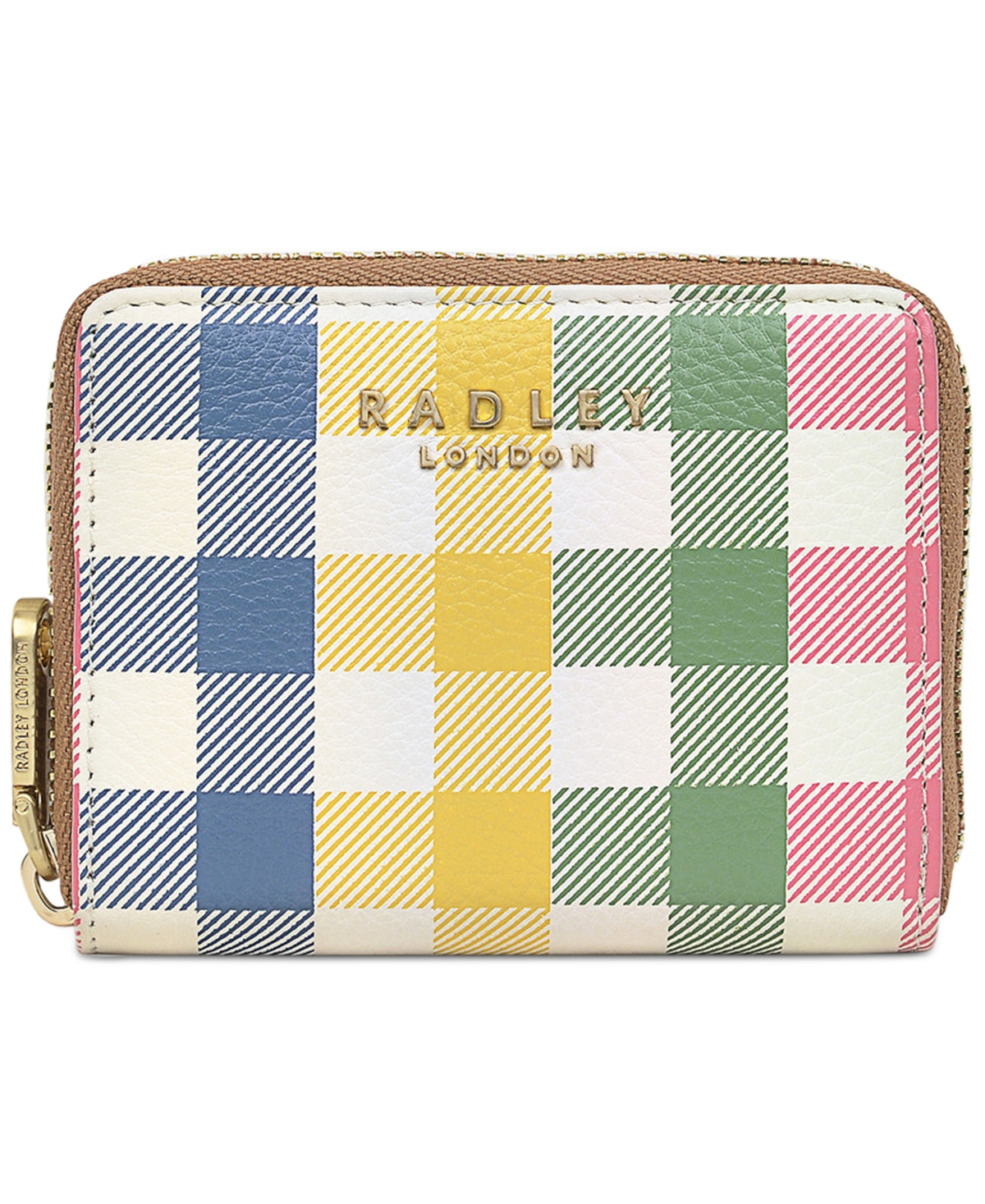 Carteira pequena de couro com zíper Radley London feminina, estampa xadrez, marrom, tamanho 16