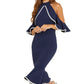 Vestido Quiz Feminino Azul com Ombros Descobertos e Babados, Tamanho 8