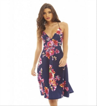 Vestido midi skater floral com alças AX Paris feminino, azul, tamanho 10