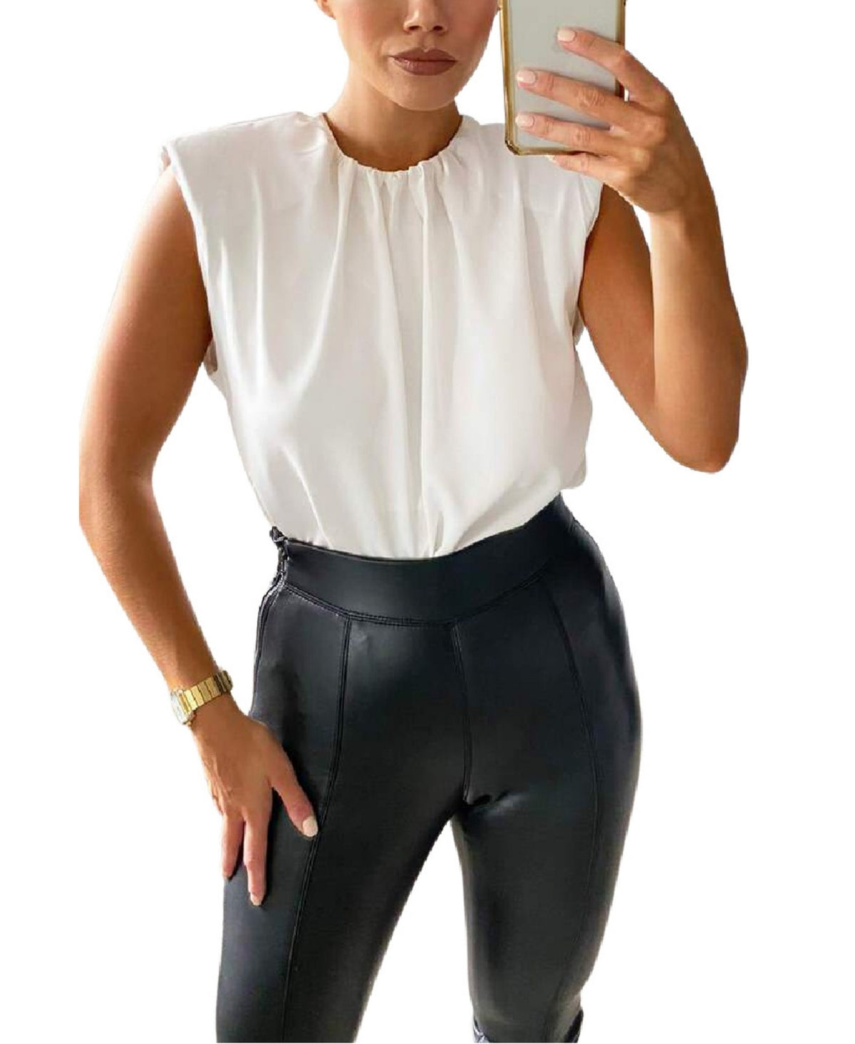 Blusa feminina AX Paris sem mangas com ombros acolchoados, branca, tamanho 8