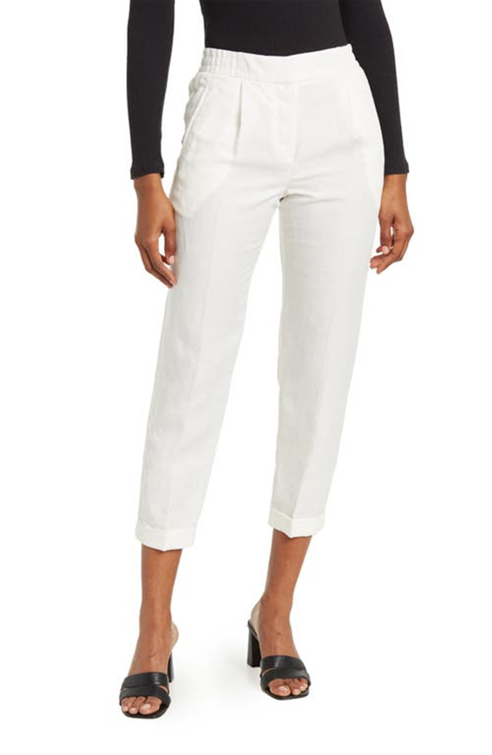 Calça curta plissada Reiss Lilly em linho misto, branca, tamanho 6 EUA