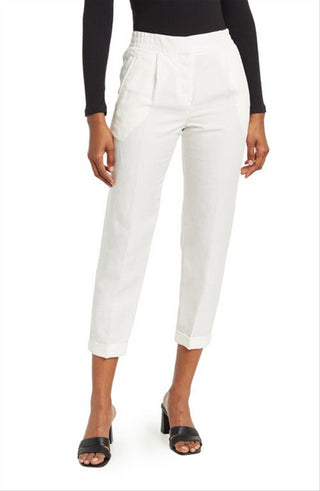 Calça curta plissada Reiss Lilly em linho misto, branca, tamanho 6 EUA