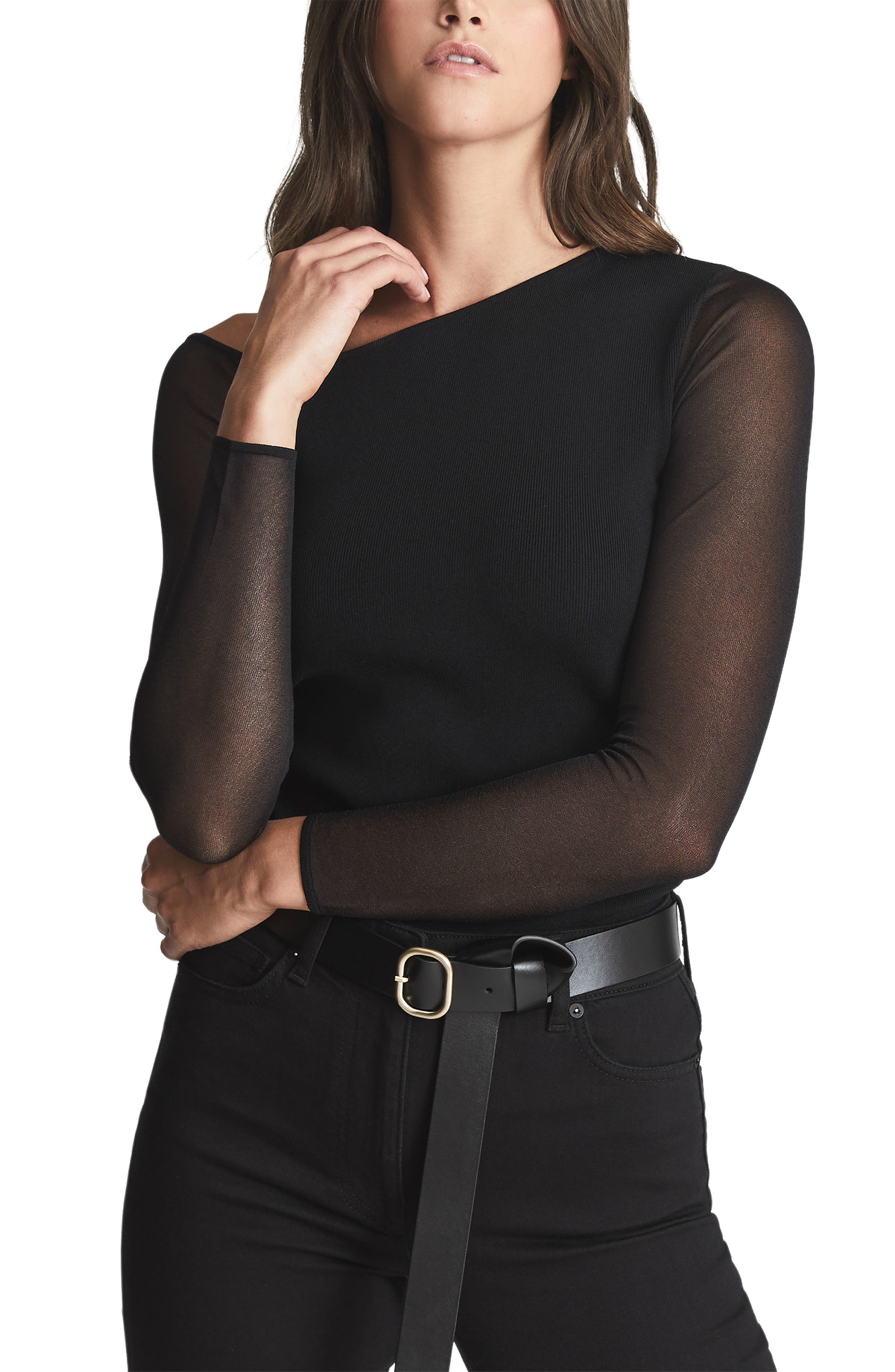 reiss-womens-black-willow-sheer-sleeve-top-size-x-small