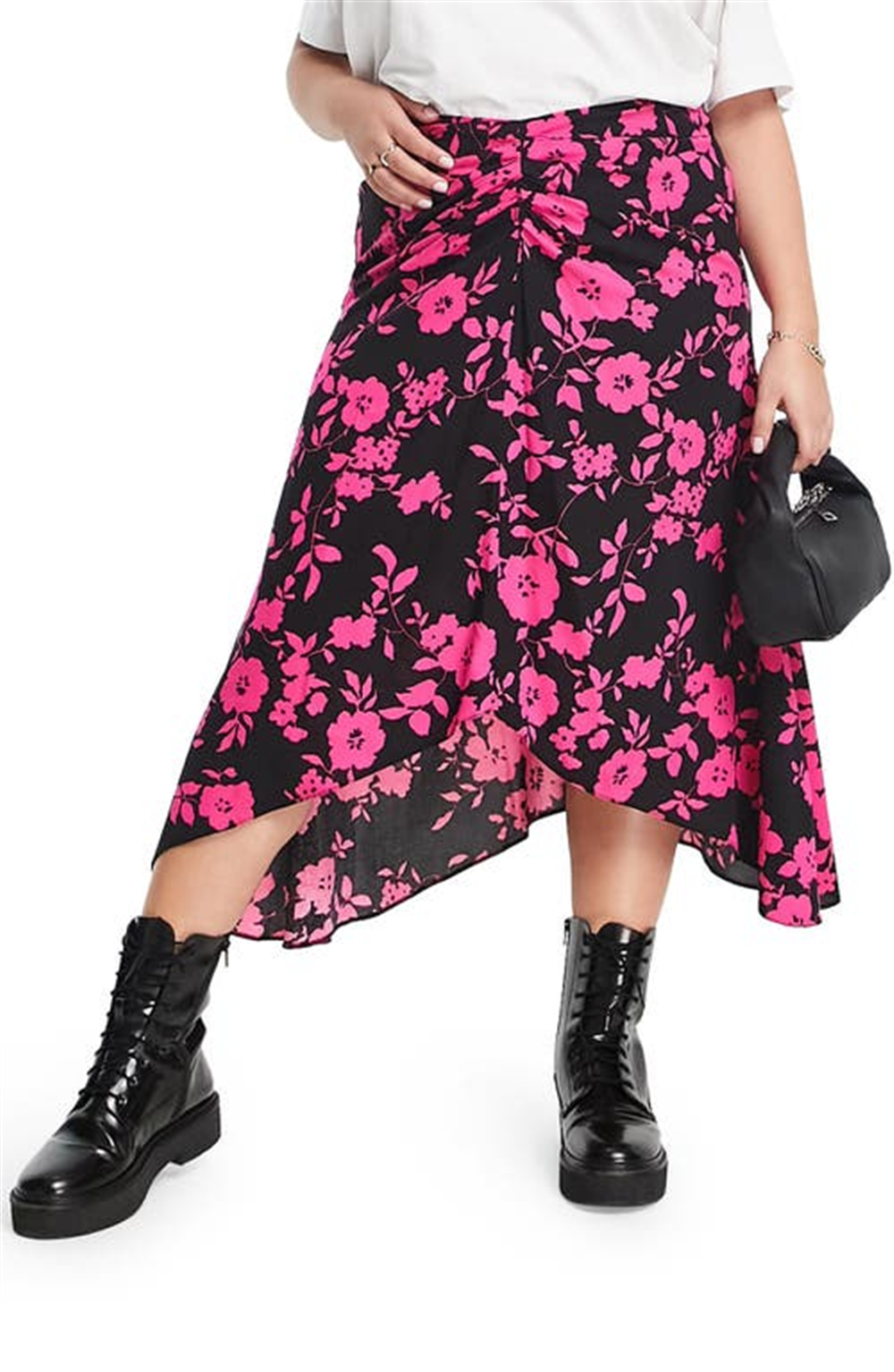 ASOS DESIGN Curve Tamanho 12W EUA Floral Franzido Assimétrico Midi Saia em Multi