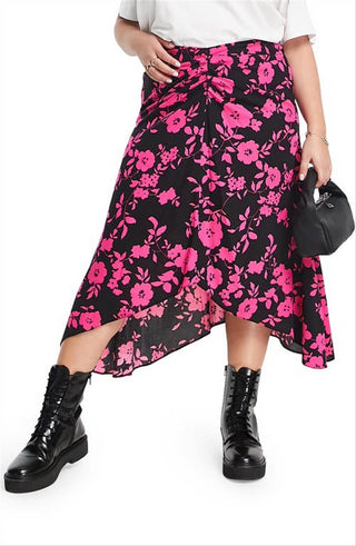 ASOS DESIGN Curve Tamanho 12W EUA Floral Franzido Assimétrico Midi Saia em Multi