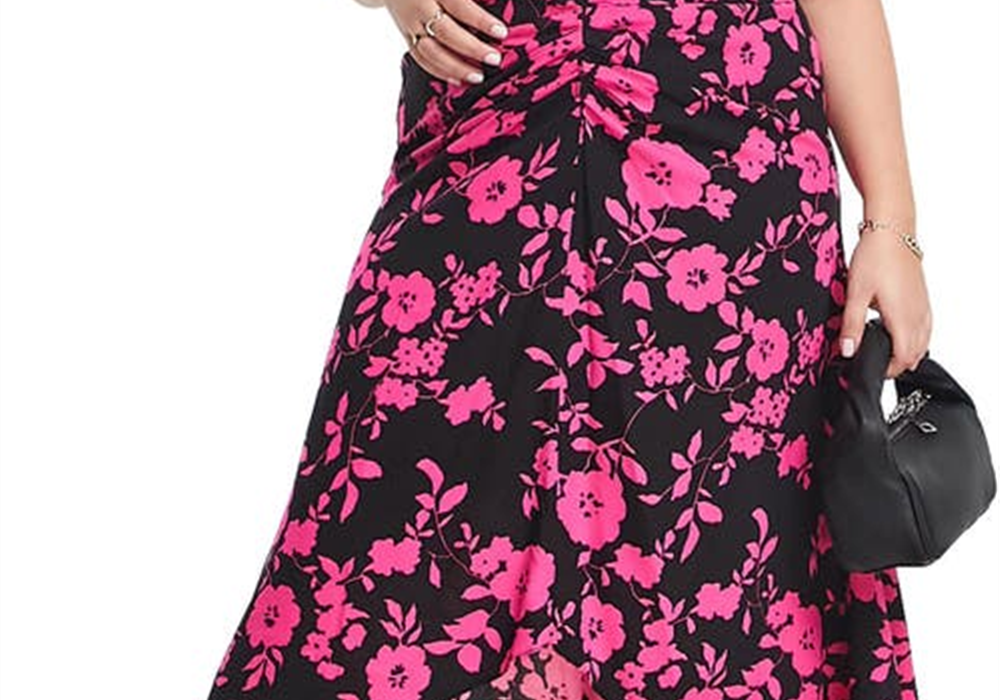 ASOS DESIGN Curve Tamanho 12W EUA Floral Franzido Assimétrico Midi Saia em Multi