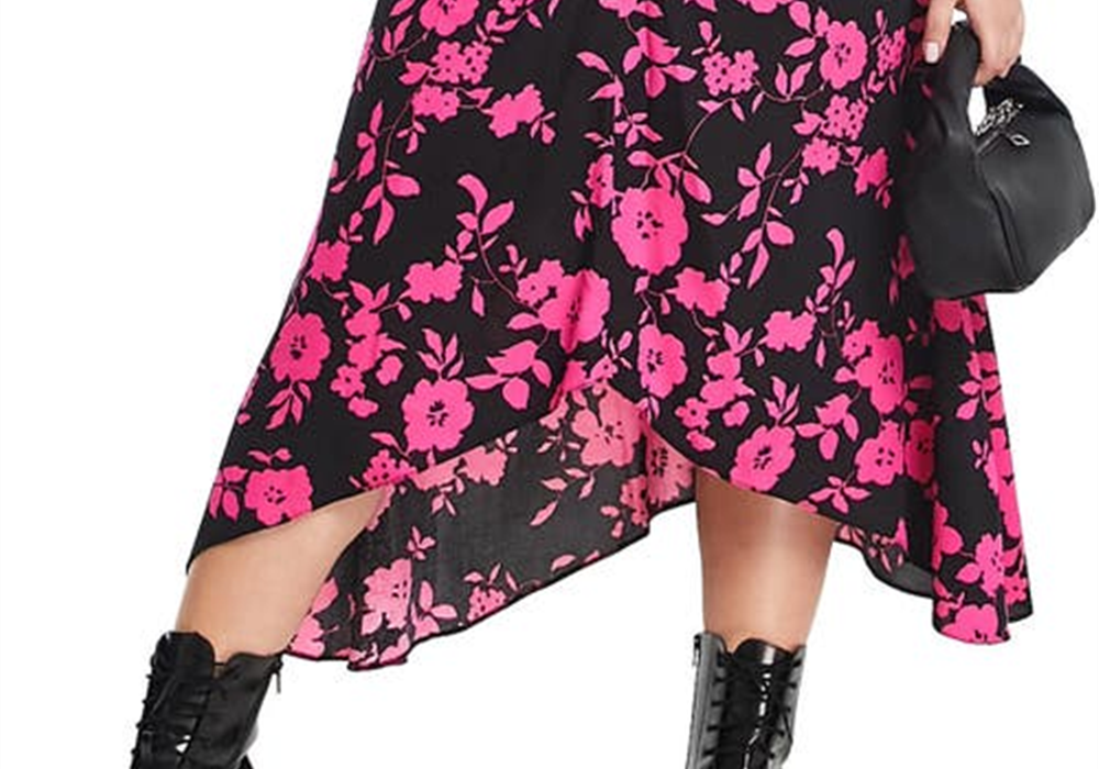 ASOS DESIGN Curve Tamanho 12W EUA Floral Franzido Assimétrico Midi Saia em Multi