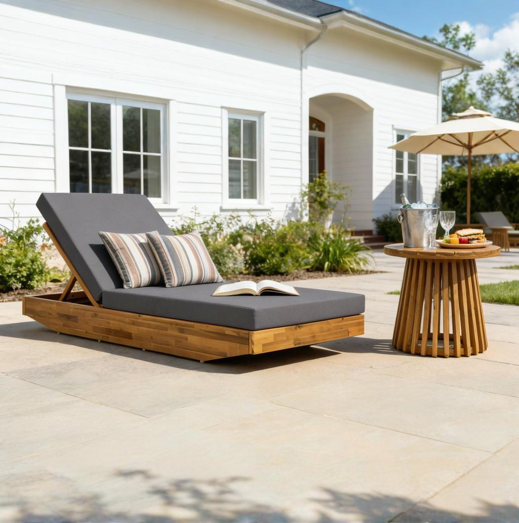 Acacia Wood Chaise Lounge with Cushion - Teak Finish