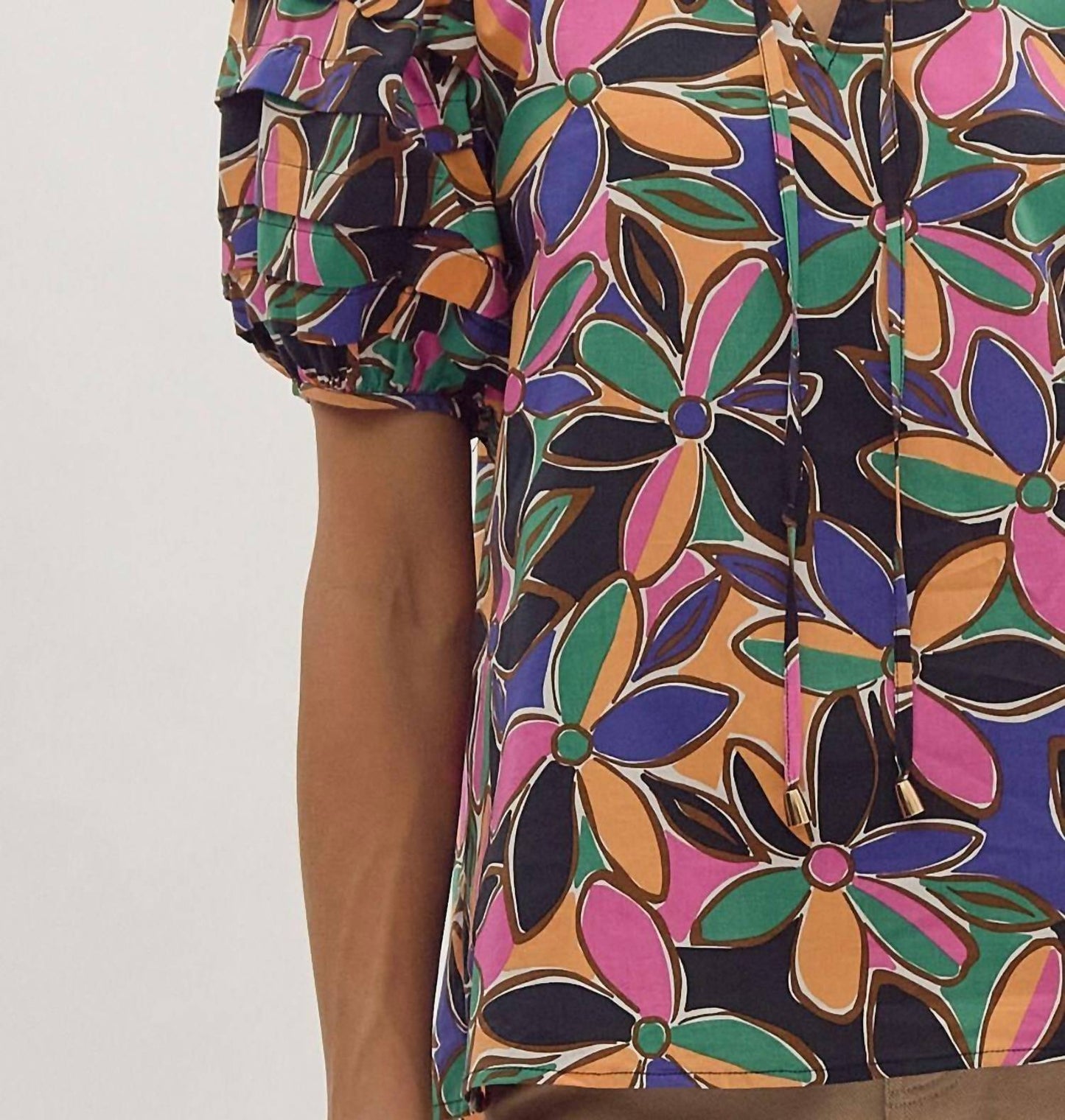 Entro - Floral Print Short Sleeve Tiered Detail Blouse