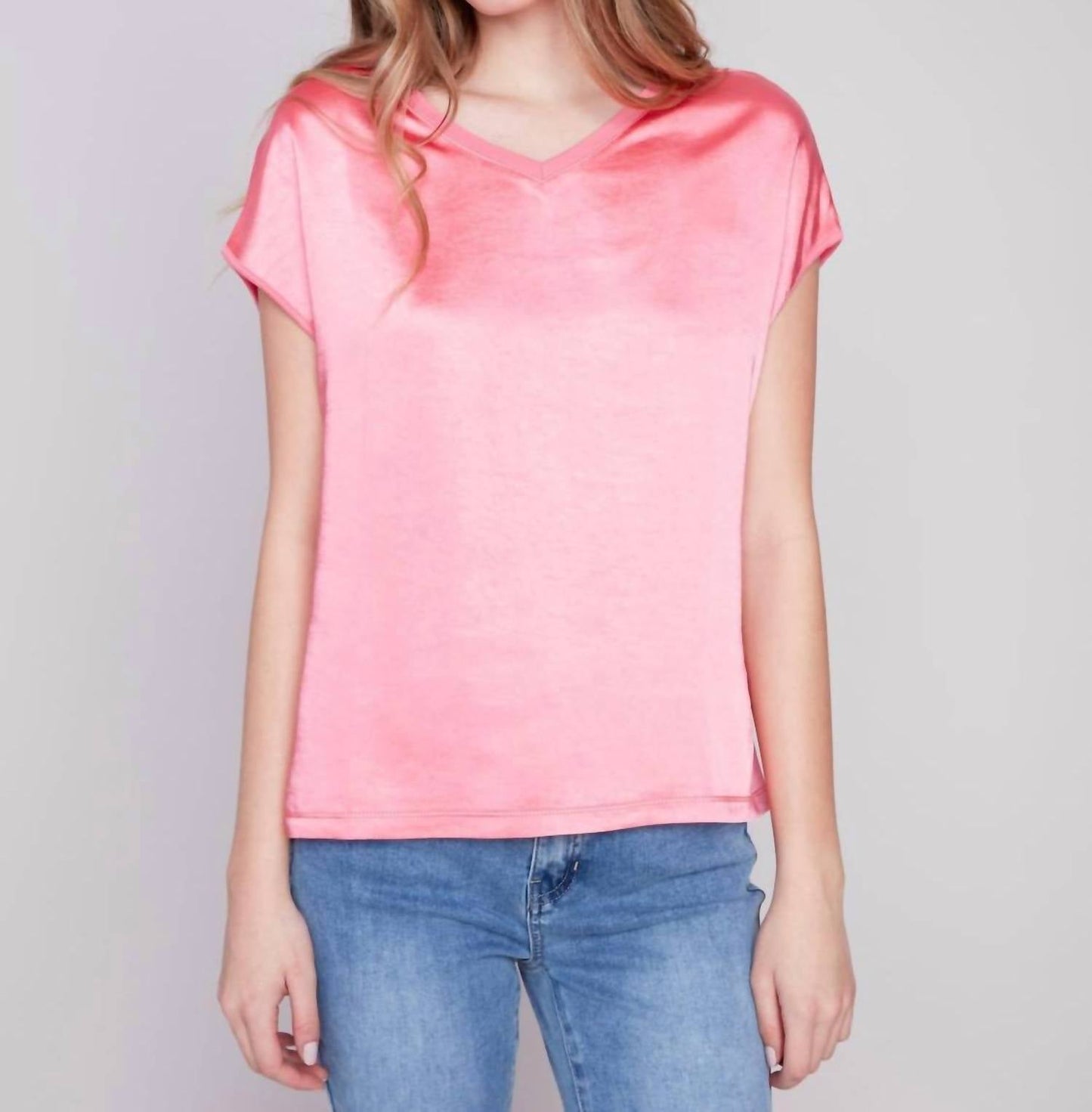 Charlie B - Satin Knit Combo V-Neck Top