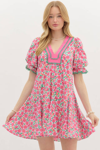 Entro - Floral Mini Dress with detail on sleeve and yoke