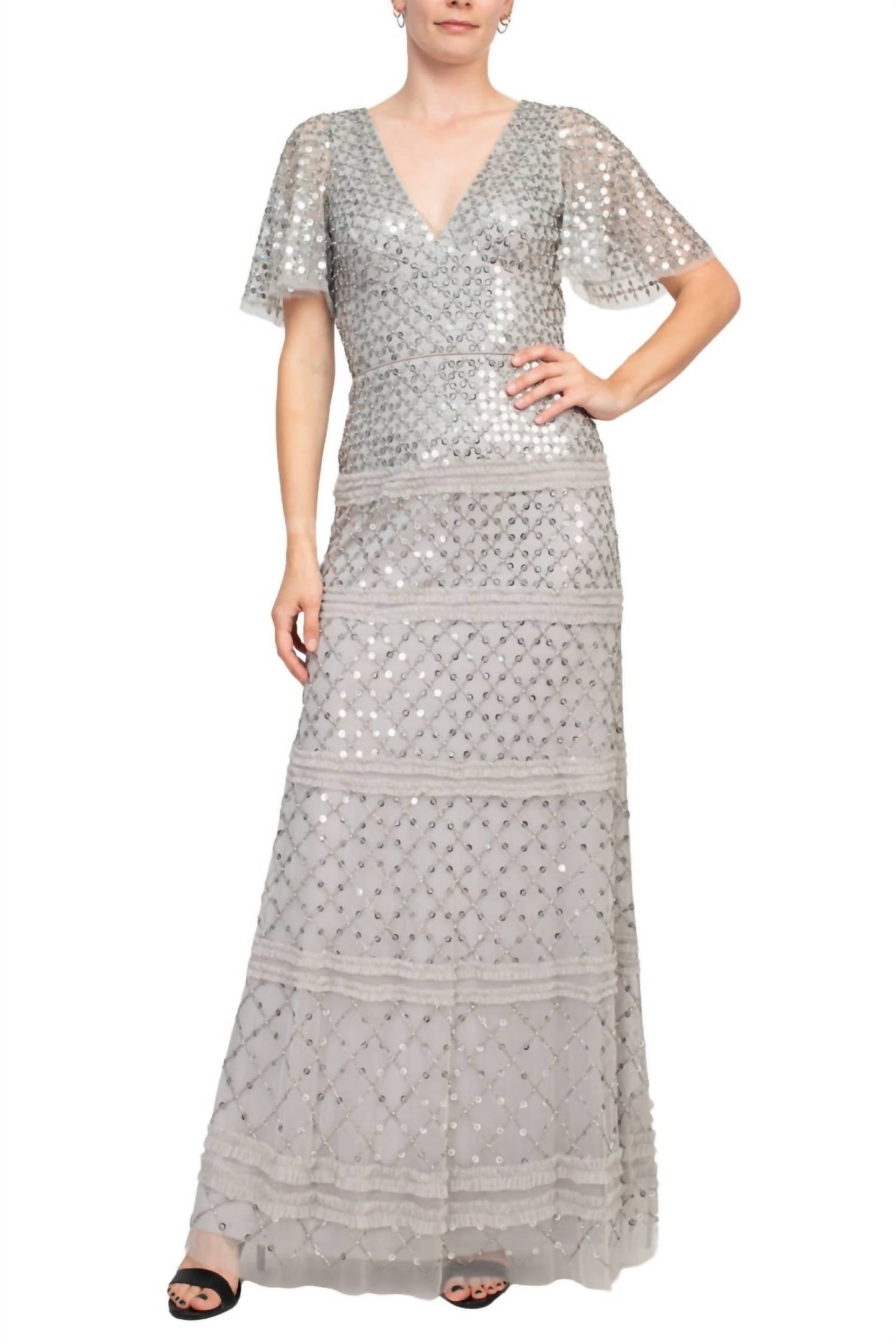 Aidan Mattox - V-neck Sequined Piping Detail Mesh Gown