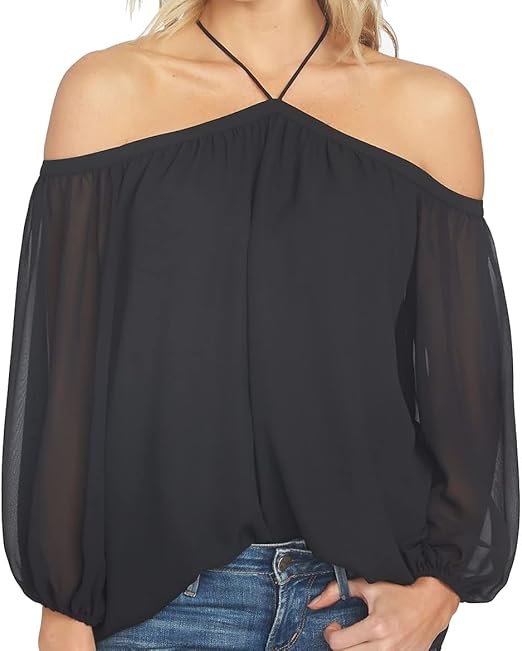 1.STATE Blusa feminina ombro a ombro com decote halter, preta