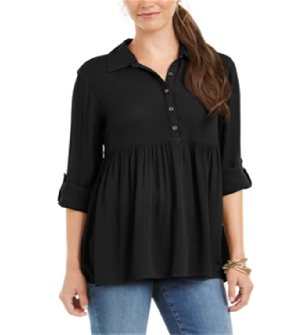 Camisa oversized feminina Style &amp; Co com mangas dobradas, preta, tamanho pequeno