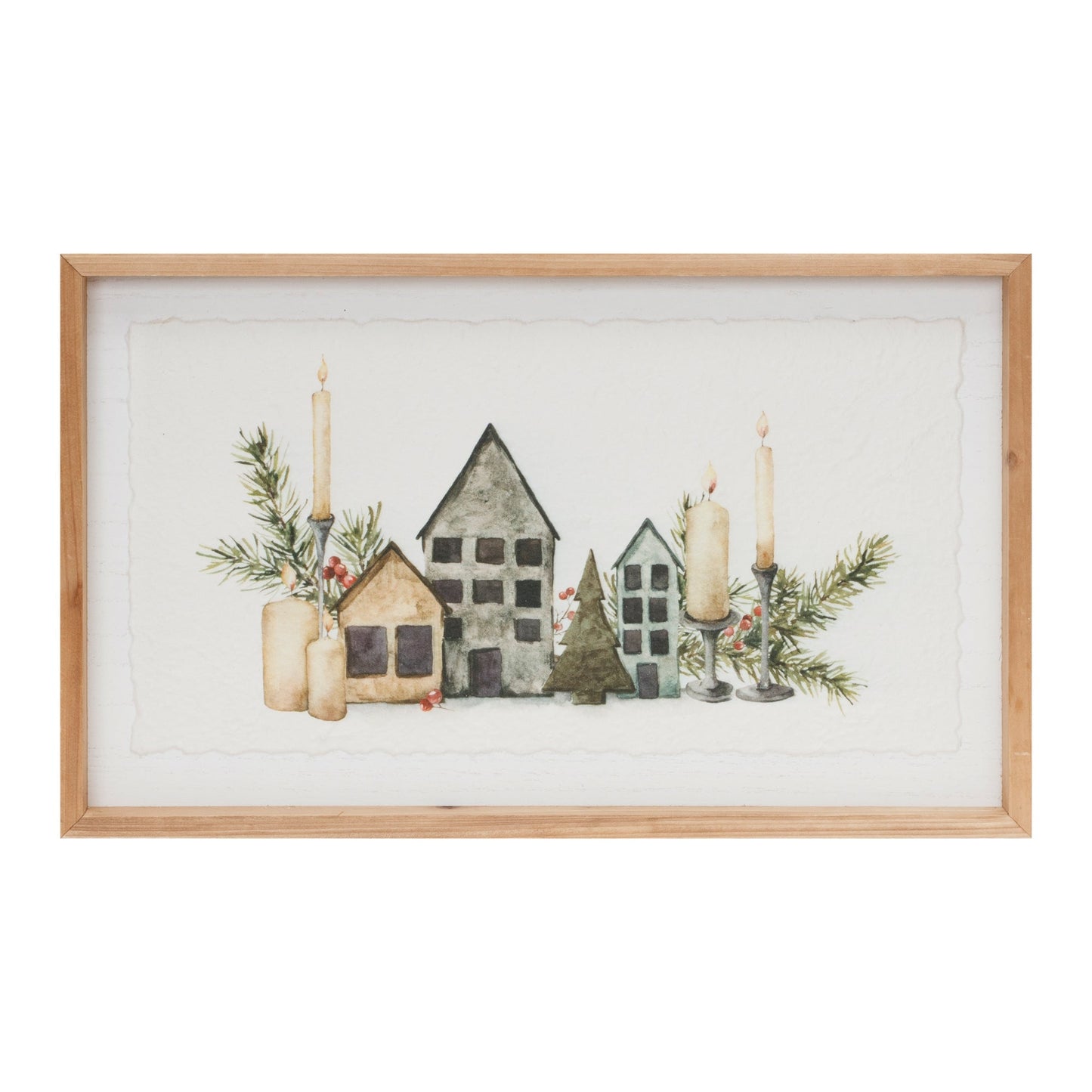 Wood Framed Winter Village Mantlescape Print 19"L
