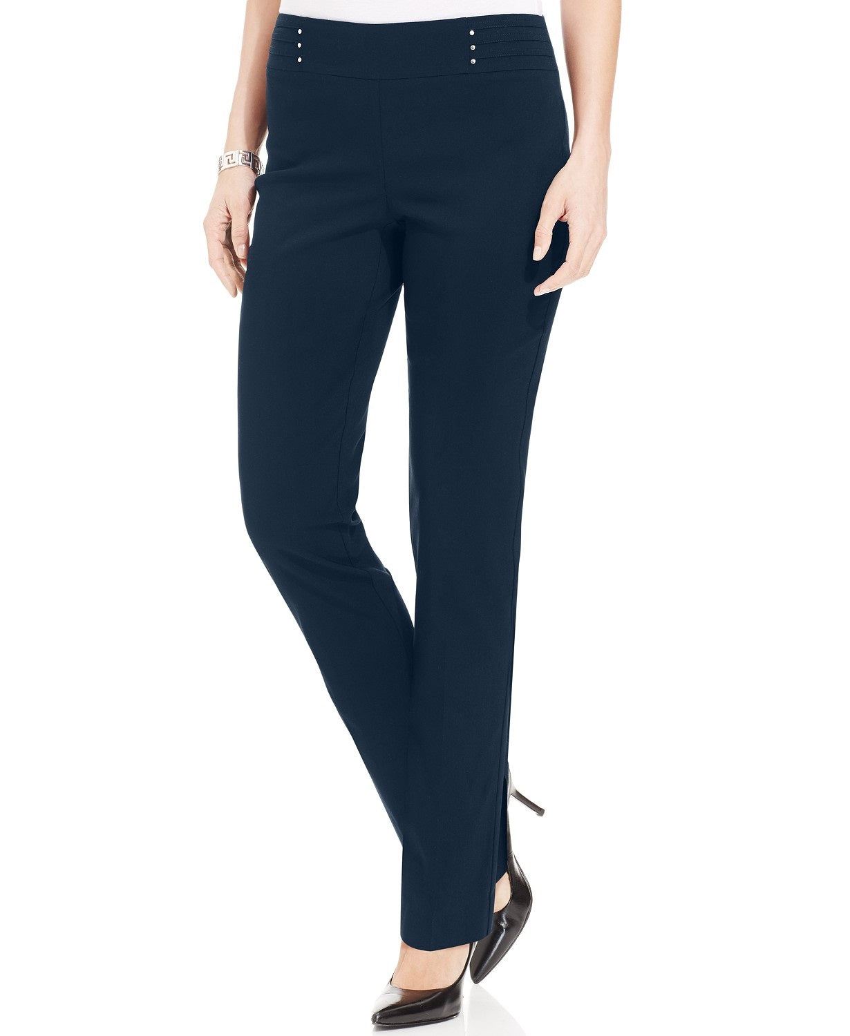 Calça feminina JM Collection Petites com tachas, azul marinho, tamanho médio, curta