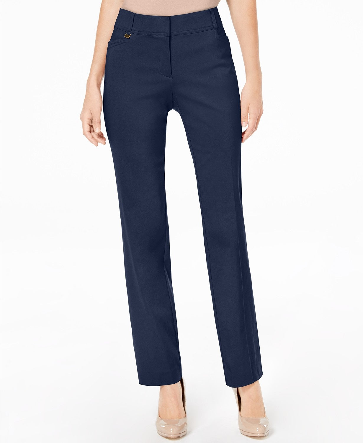 Calça feminina JM Collection, comprimento pequeno, ajuste curvilíneo, perna justa, azul-marinho, tamanho 14