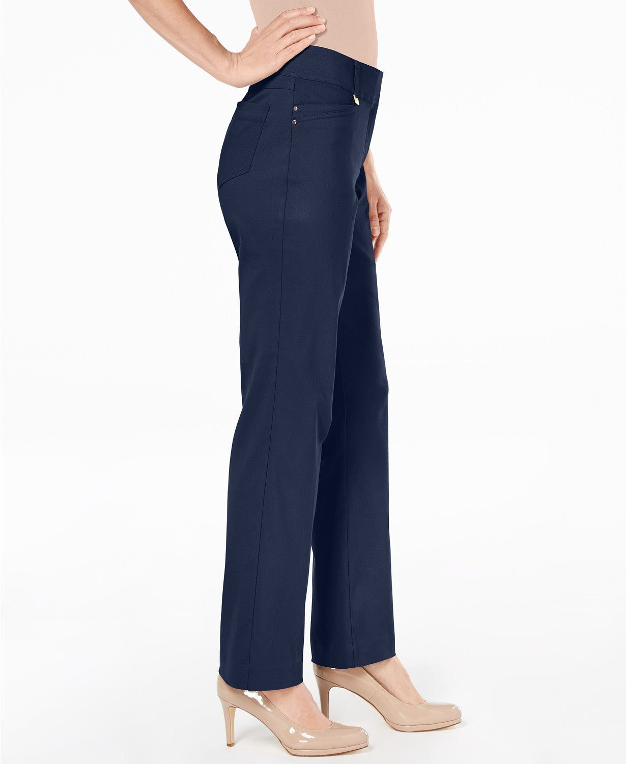 Calça feminina JM Collection, comprimento pequeno, ajuste curvilíneo, perna justa, azul-marinho, tamanho 14