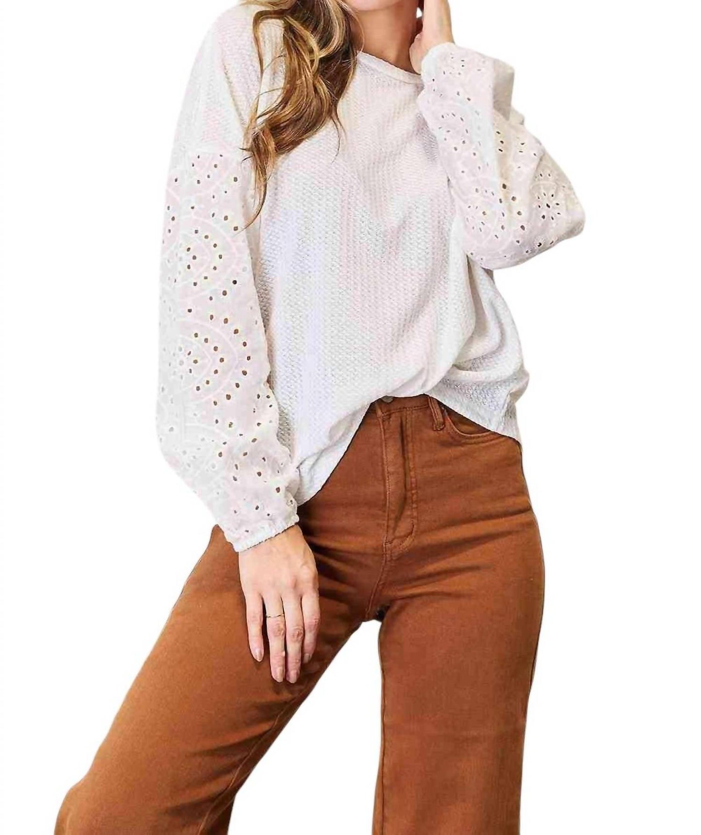 Double Take - Eyelet Elegance Drop Shoulder Blouse