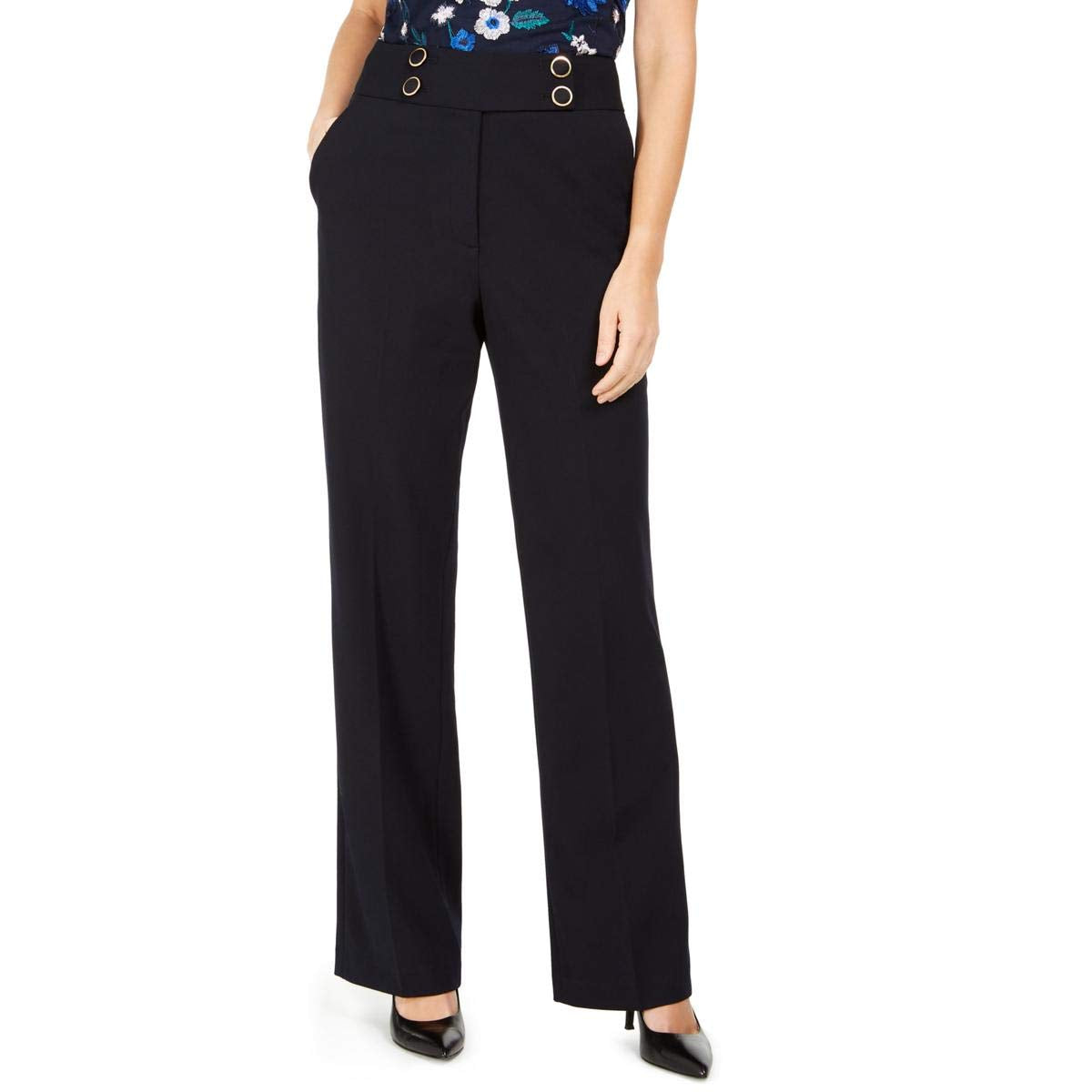 Calvin Klein Womens High Waisted Button Waist Dress Pants Navy 2