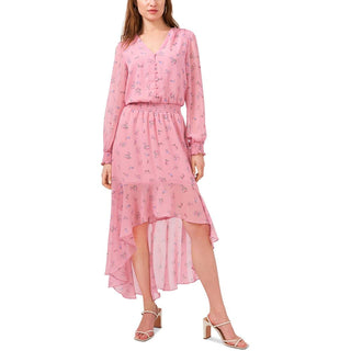 Vestido 1STATE manga comprida com botões na frente, comprimento alto e baixo, Petite Calico Roses SM