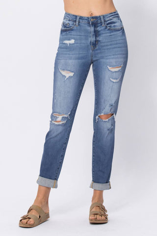 Judy Blue - Calça jeans boyfriend de cintura alta com punho