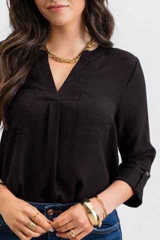 Blu Pepper - Split Neck Back Button Three Quarter Tab Sleeve Top