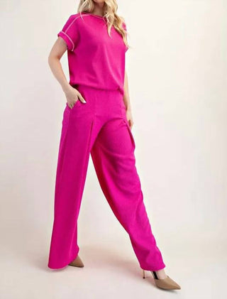 Trendsi - Calça Celeste Texturizada de Perna Larga com Bolsos