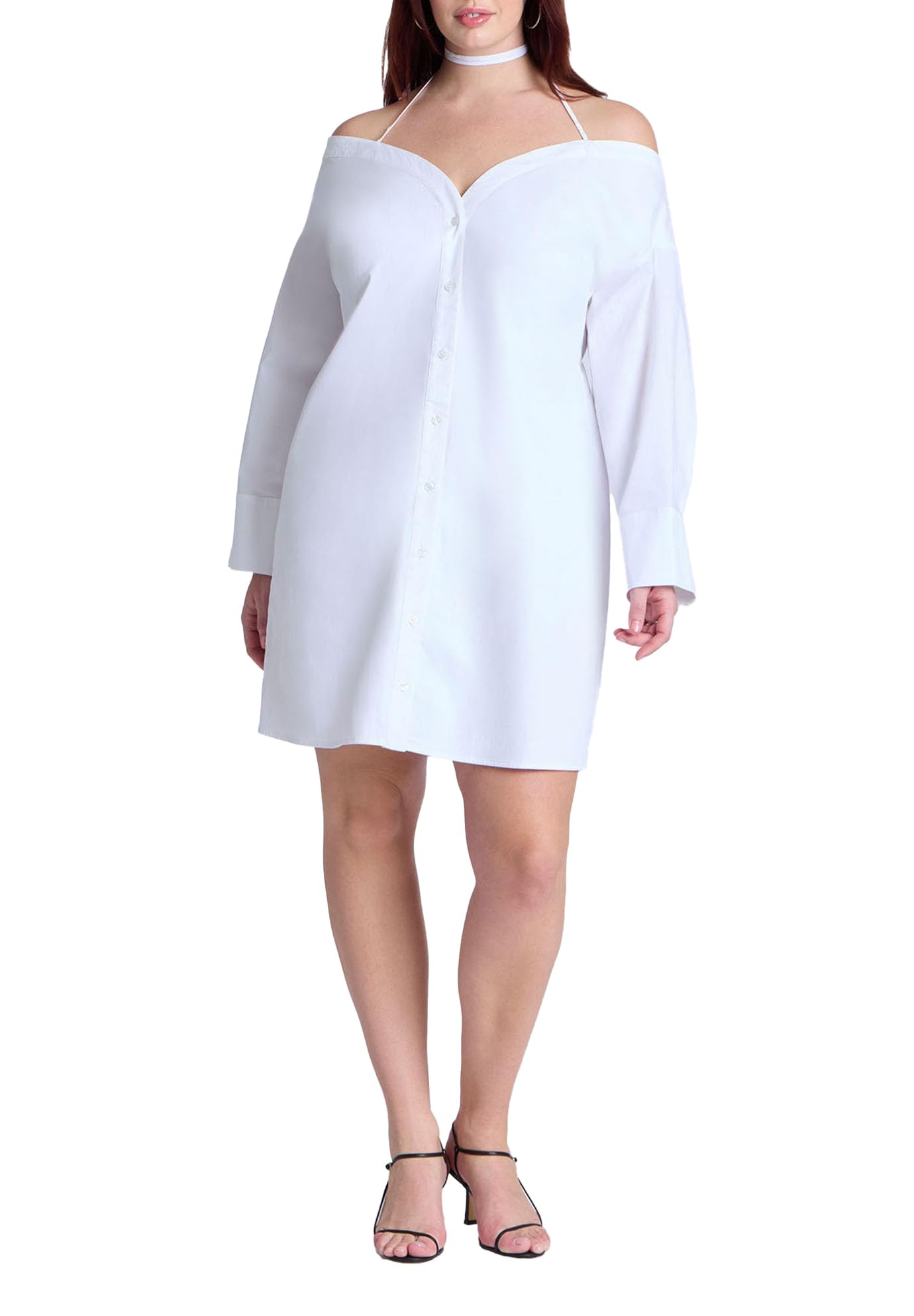 ELOQUII Women's Plus Size Off The Shoulder Poplin Mini Dress