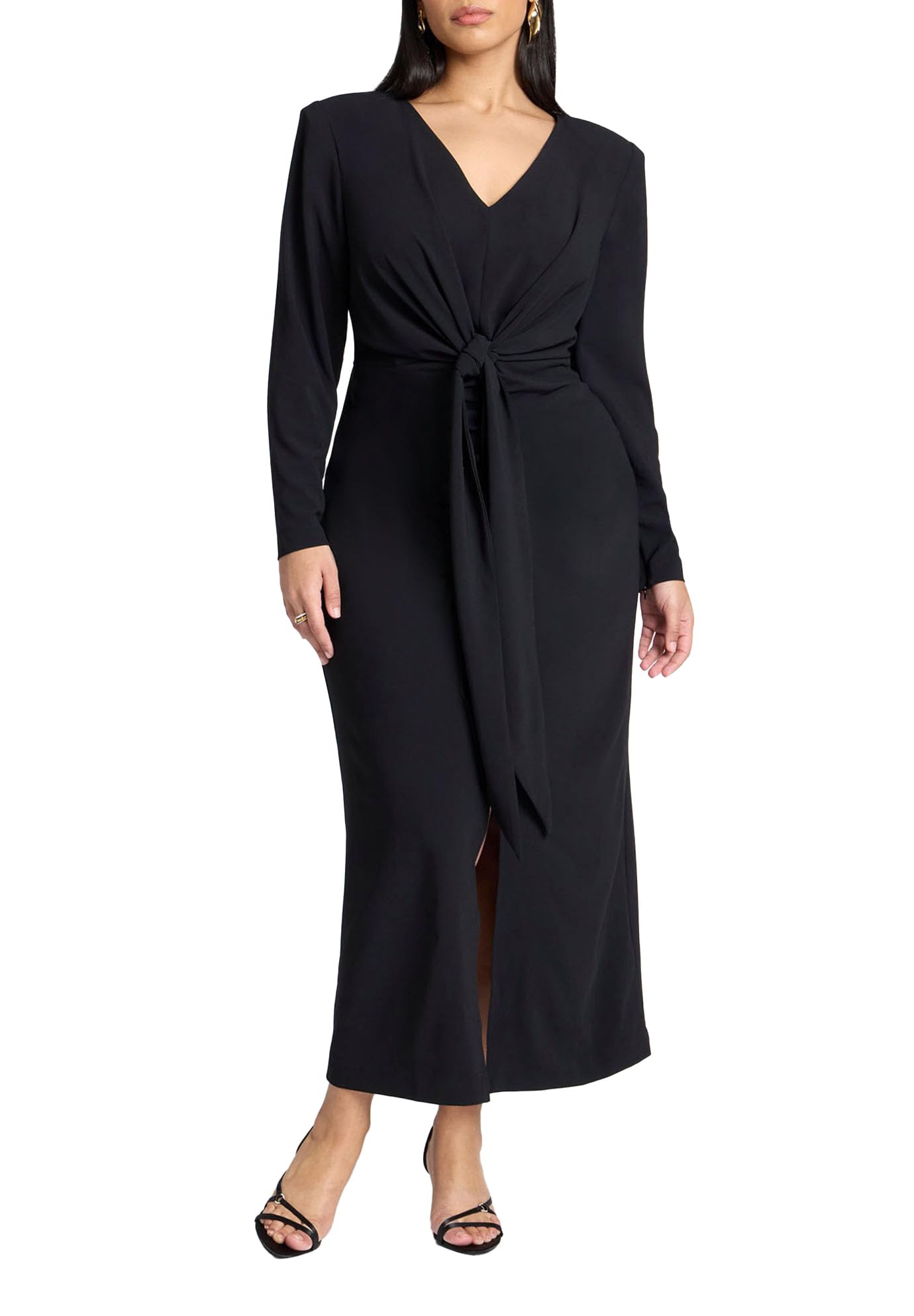 ELOQUII Women's Plus Size Shirred Strong Shoulder Tie Detail Dress - 22, Black Onyx