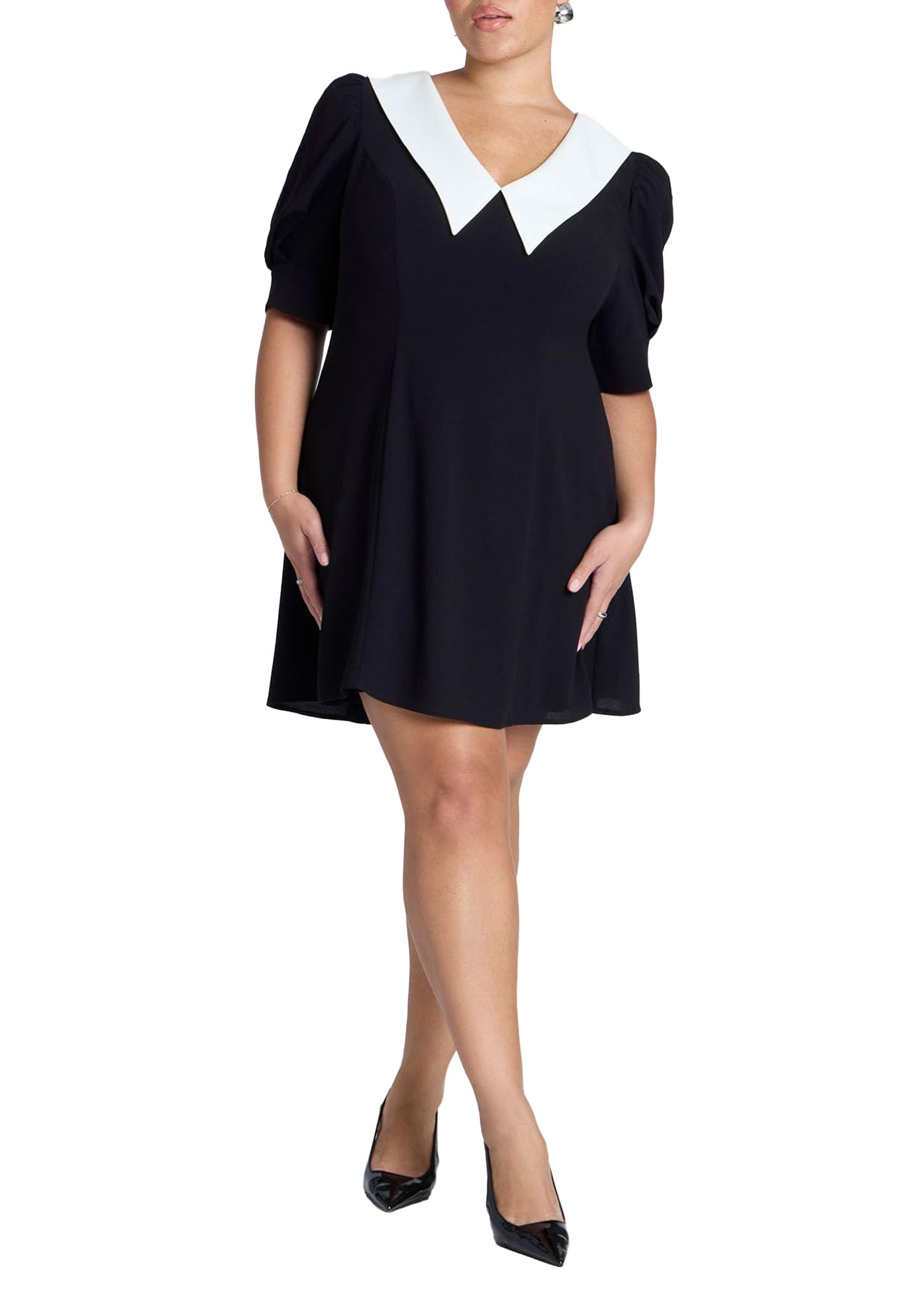 ELOQUII Women's Plus Size Contrast Collar Mini Dress - 18, Black Onyx