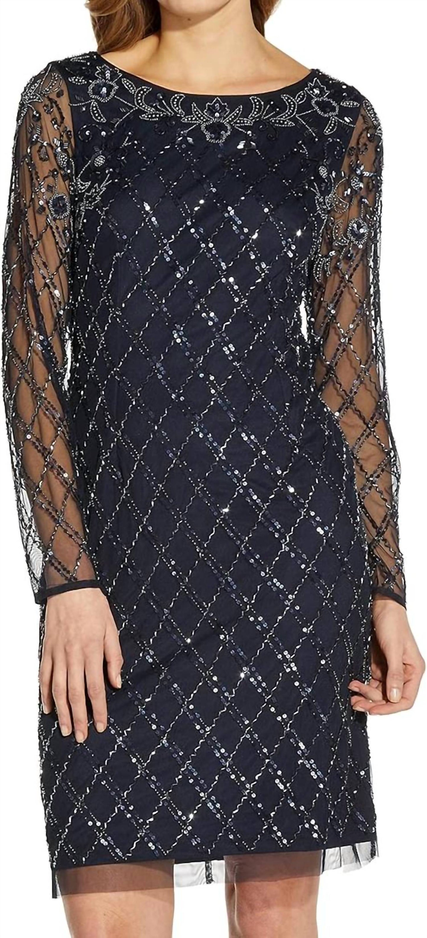 Adrianna Papell - Scoop Neck Long Sleeve Sequined Beaded Zipper Back Shift Mesh Dress
