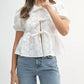 Mable - Eyelet Puff Sleeve Front Tie Peplum Top