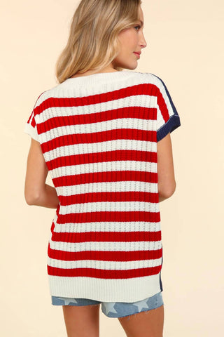 Haptics - Blusa de malha patriótica com decote em V e bandeira americana