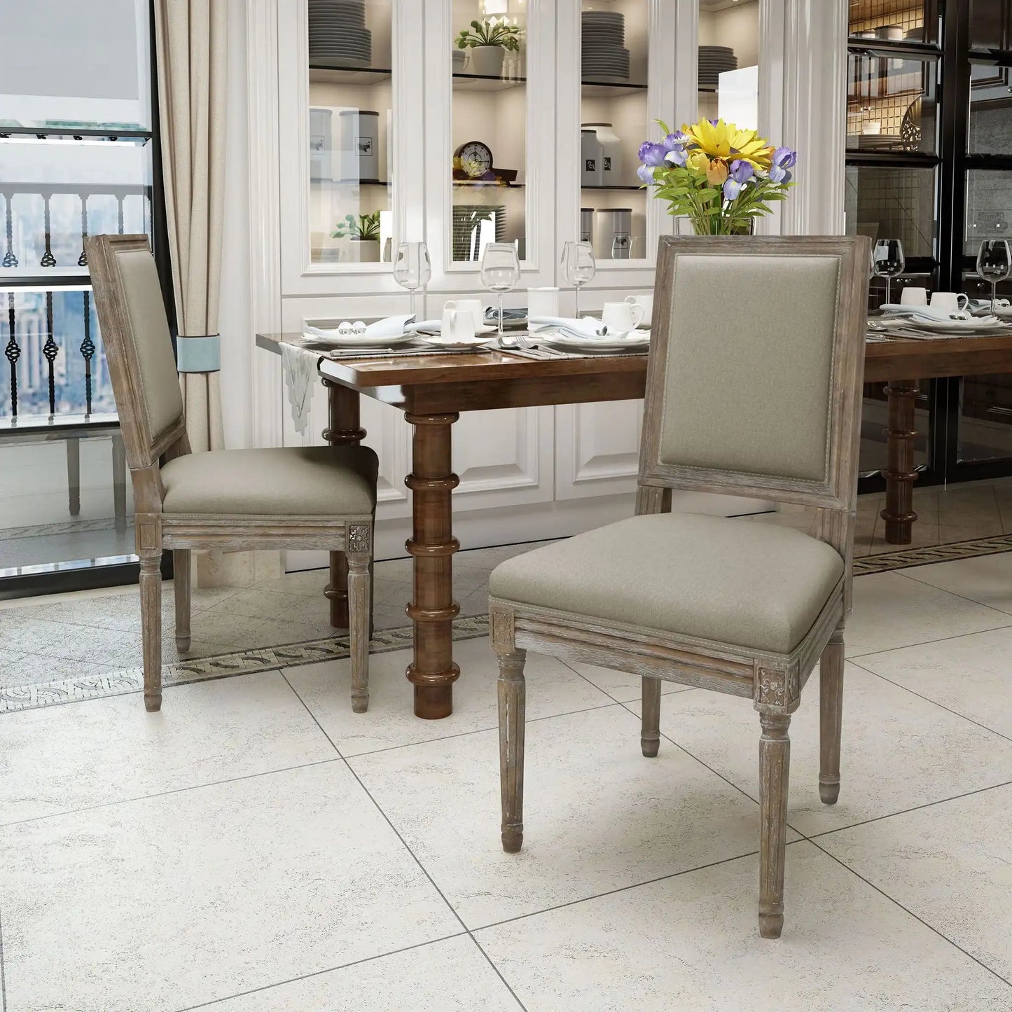 Traditional Style Dining Chair Set With Fabric Upholstery